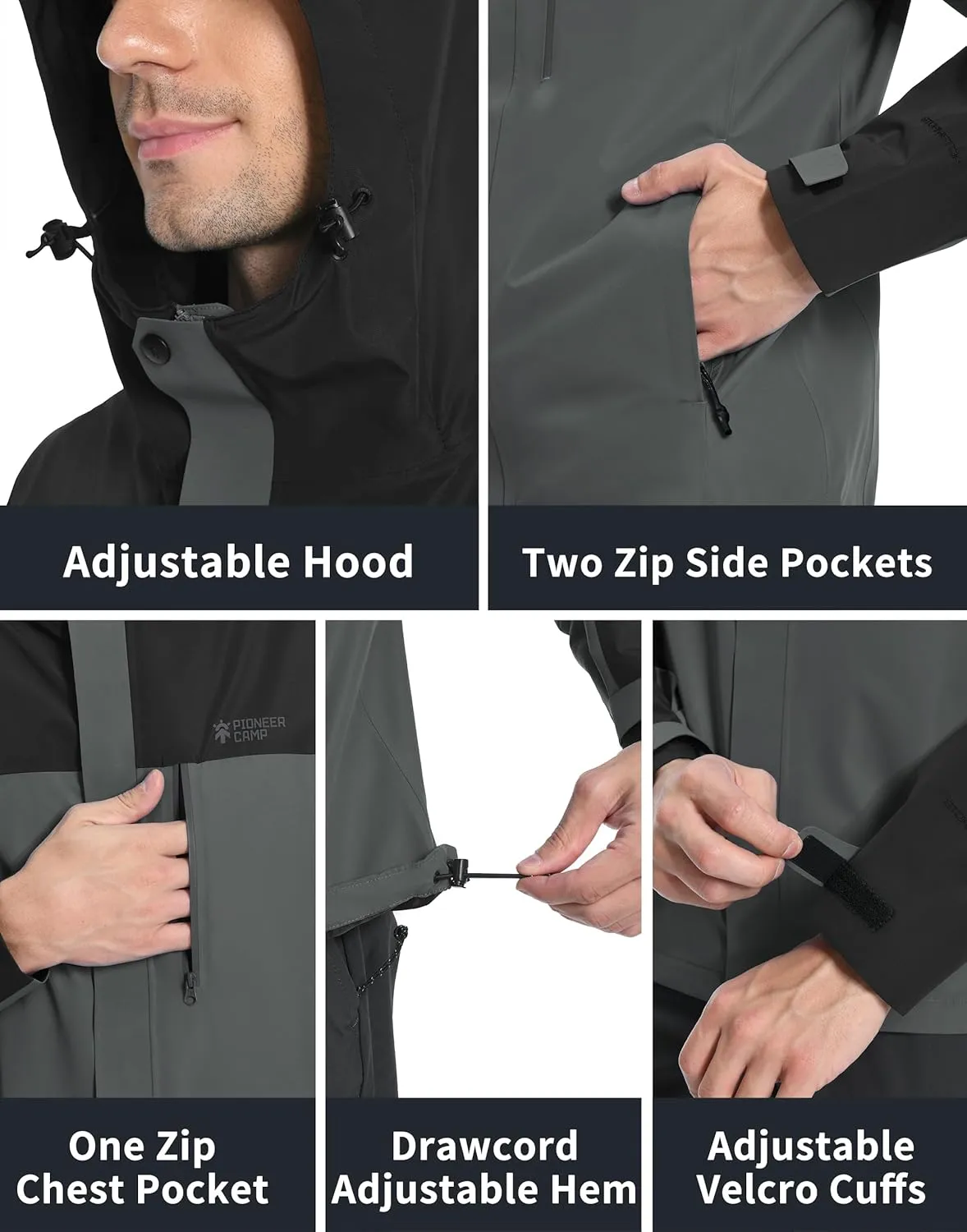 Pioneer Camp Mens Rain Jacket Waterproof Shell Jacket Hooded Lightweight Rain Coat for Outdoor Hiking 4 Pockets Windbreaker