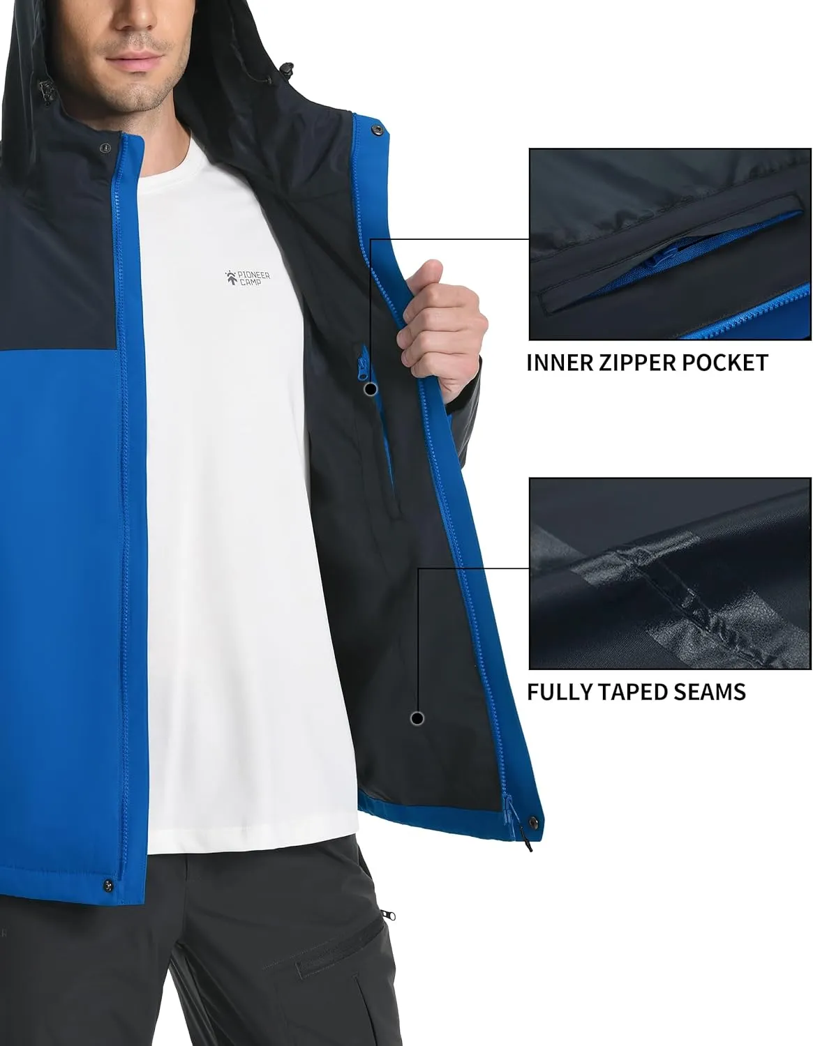 Pioneer Camp Mens Rain Jacket Waterproof Shell Jacket Hooded Lightweight Rain Coat for Outdoor Hiking 4 Pockets Windbreaker