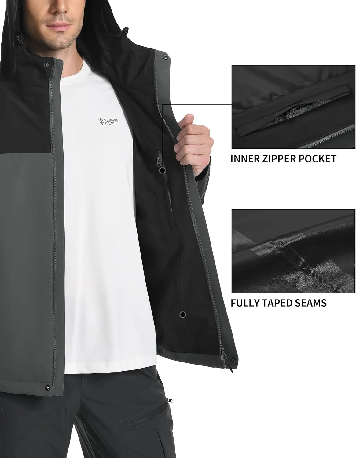 Pioneer Camp Mens Rain Jacket Waterproof Shell Jacket Hooded Lightweight Rain Coat for Outdoor Hiking 4 Pockets Windbreaker