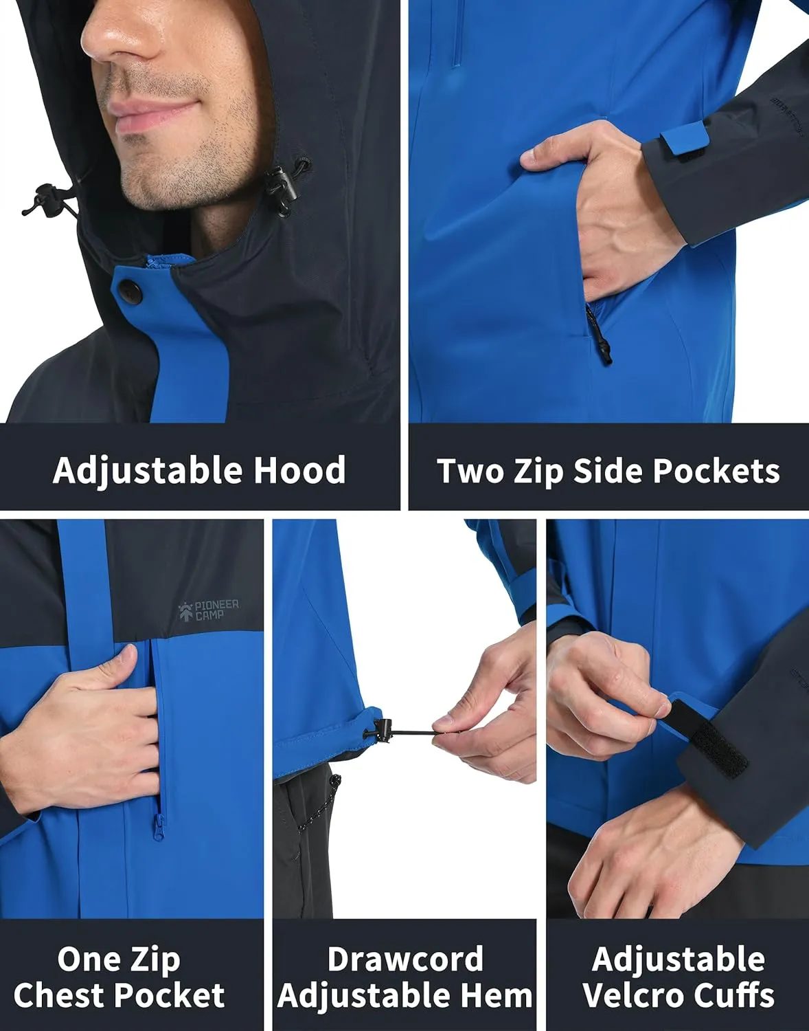 Pioneer Camp Mens Rain Jacket Waterproof Shell Jacket Hooded Lightweight Rain Coat for Outdoor Hiking 4 Pockets Windbreaker