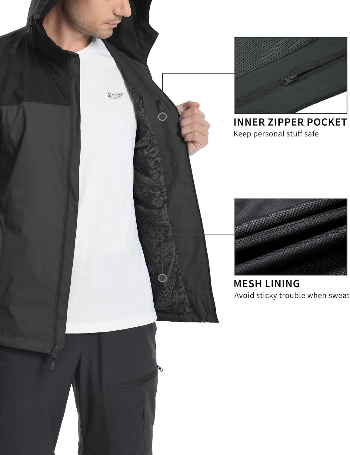 Pioneer Camp Men's Rain Jacket Waterproof with Hood Lightweight Packable Raincoat Rain Shell for Outdoor Hiking Travel