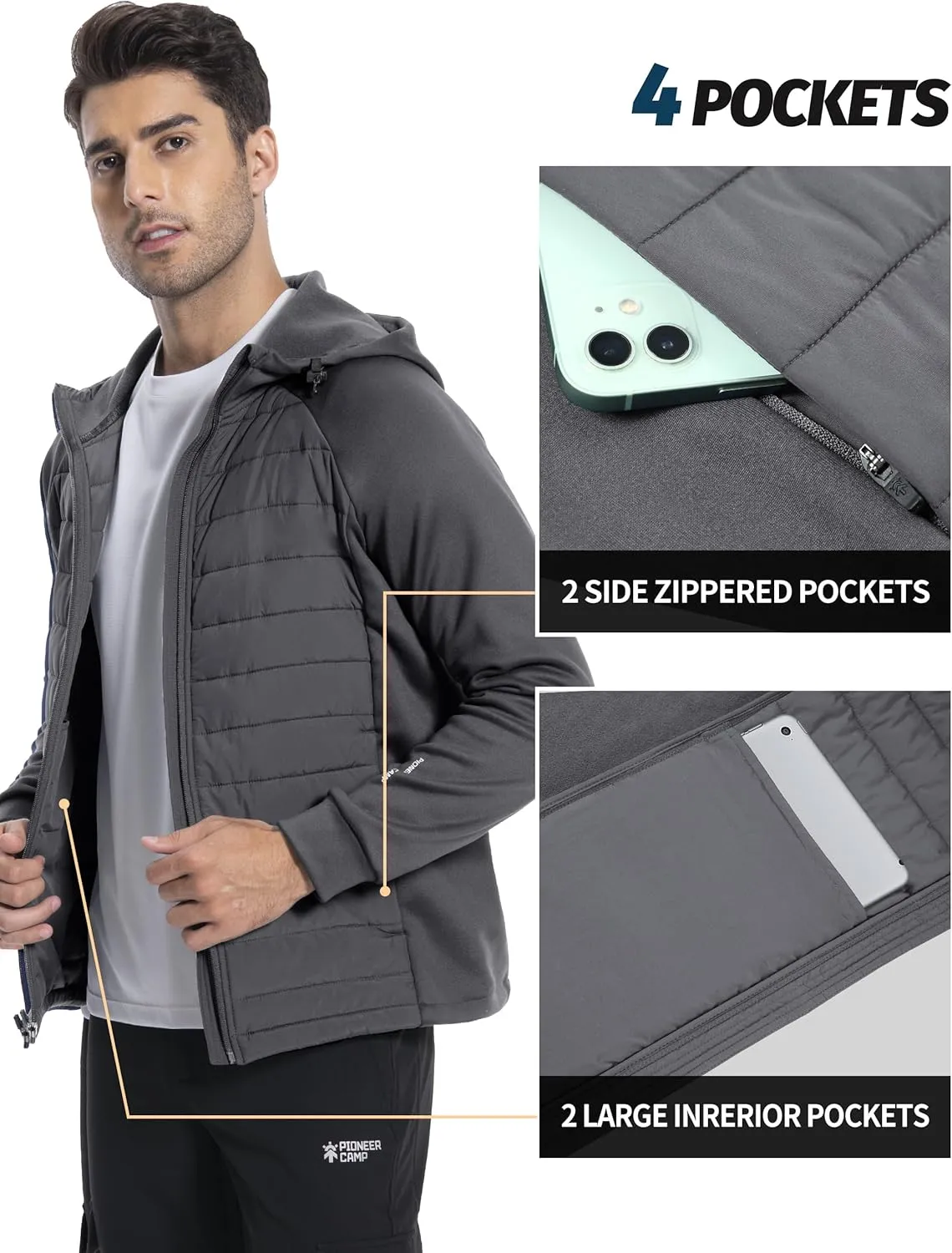 Pioneer Camp Men's Running Jacket Lightweight Puffer Jacket Hybrid Winter Warm Up Insulated Thermal Coat Hiking Golf Sports