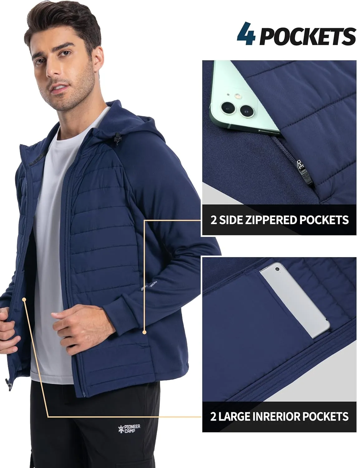 Pioneer Camp Men's Running Jacket Lightweight Puffer Jacket Hybrid Winter Warm Up Insulated Thermal Coat Hiking Golf Sports