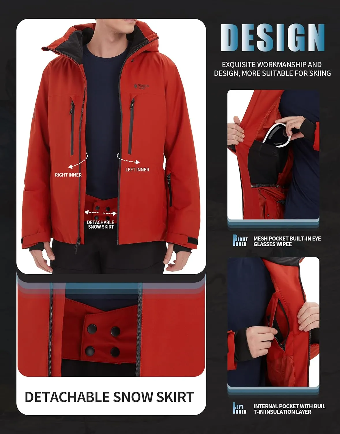Pioneer Camp Men's Ski Jacket Waterproof Insulated Snowboard Gear Cold Weather Winter Warm Mountain Snow Coat