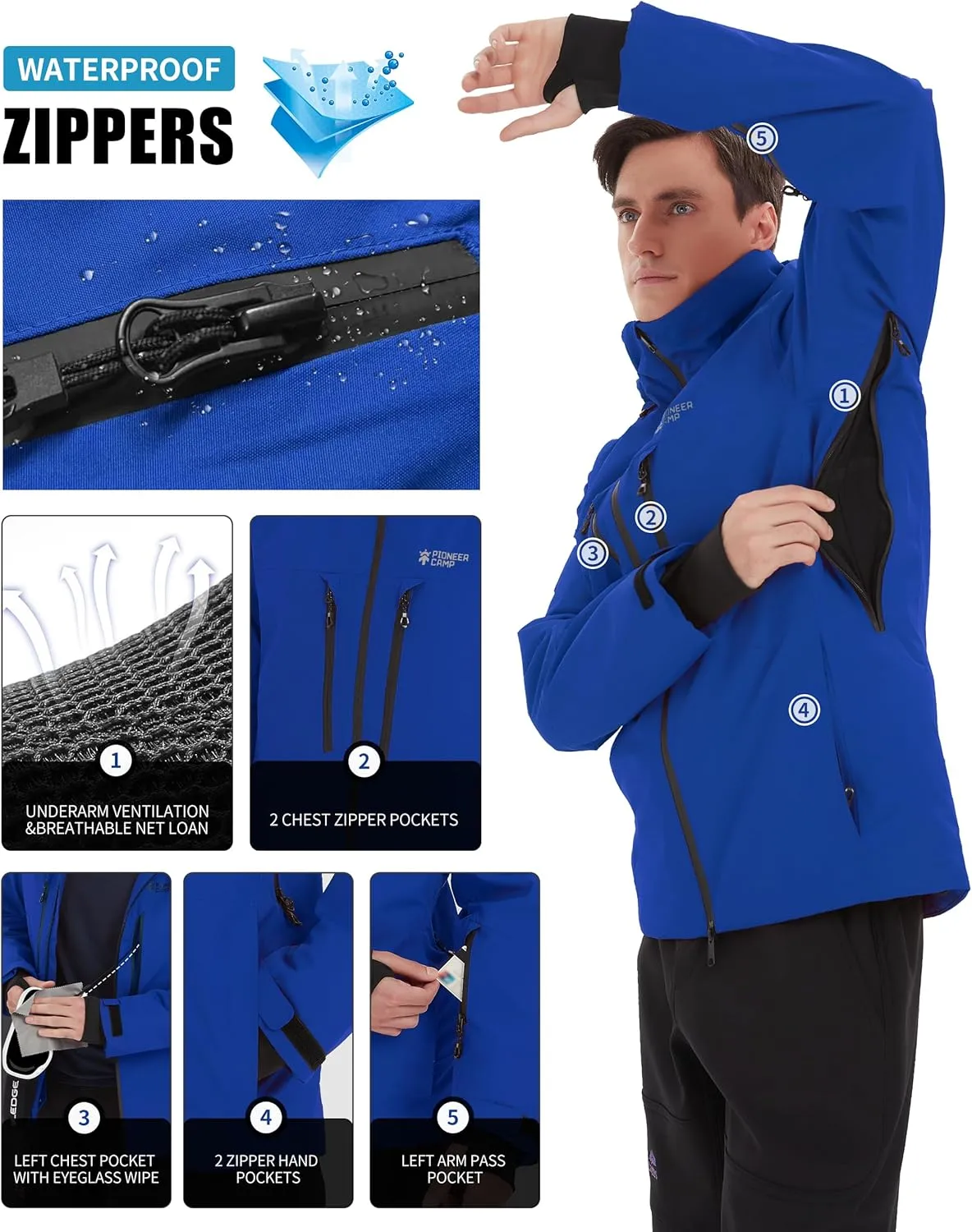 Pioneer Camp Men's Ski Jacket Waterproof Insulated Snowboard Gear Cold Weather Winter Warm Mountain Snow Coat