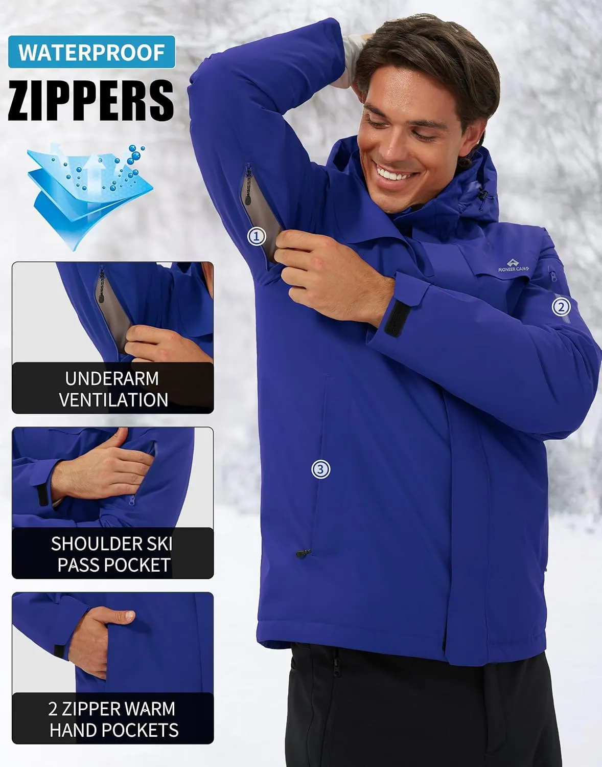 Pioneer Camp Men's Waterproof Ski Jacket Insulated Winter Snow Coat Warm Windproof Mountain Snowboard Hooded Raincoat Gear