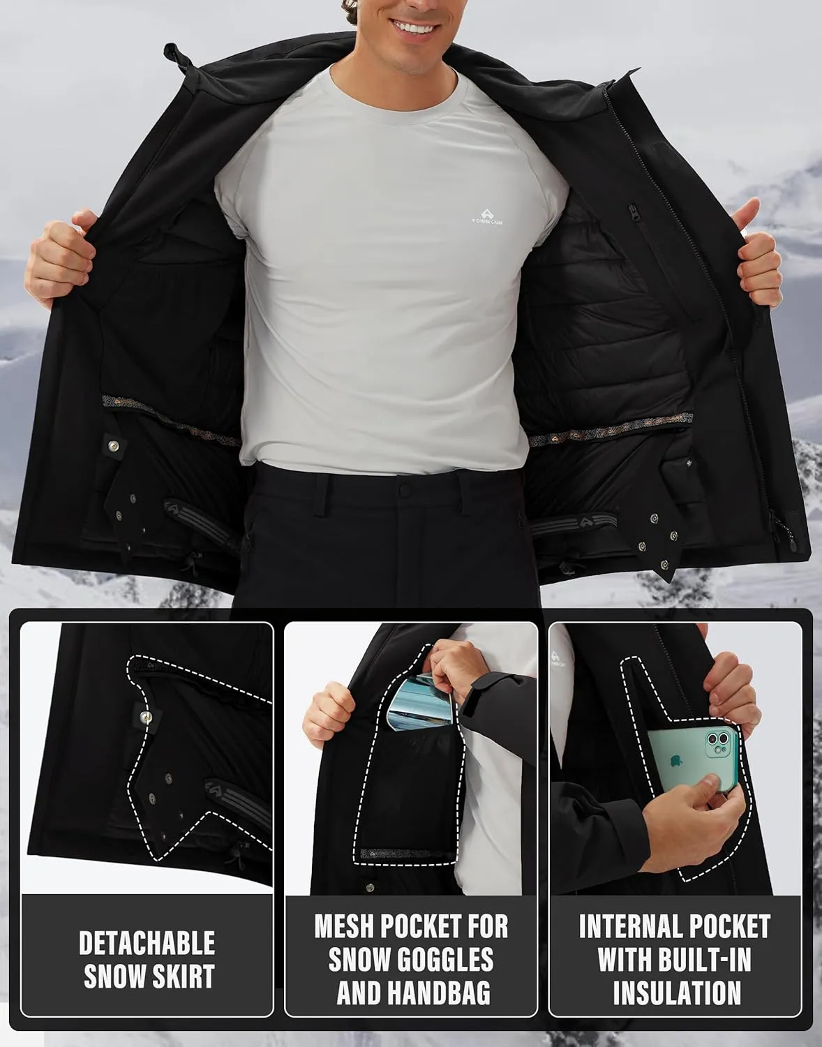Pioneer Camp Men's Waterproof Ski Jacket Insulated Winter Snow Coat Warm Windproof Mountain Snowboard Hooded Raincoat Gear