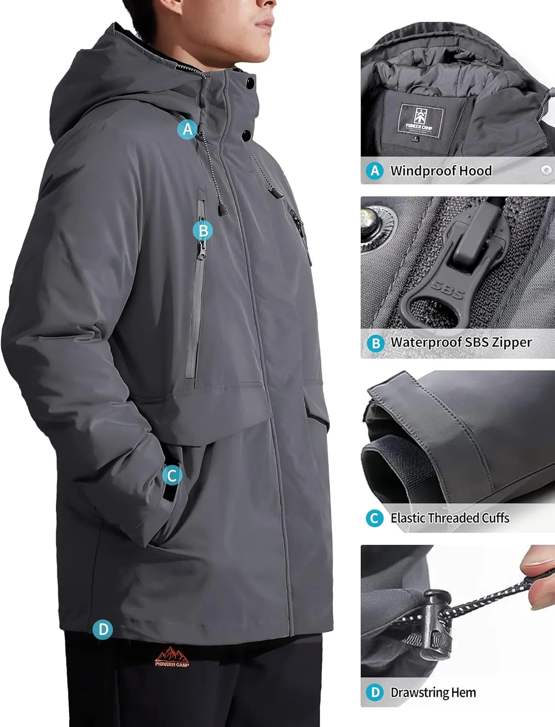 Pioneer Camp Men's Winter Coat Waterproof Fleece Lined Warm Winter Jacket with 9 Pockets Insulated Windproof Hooded Parka
