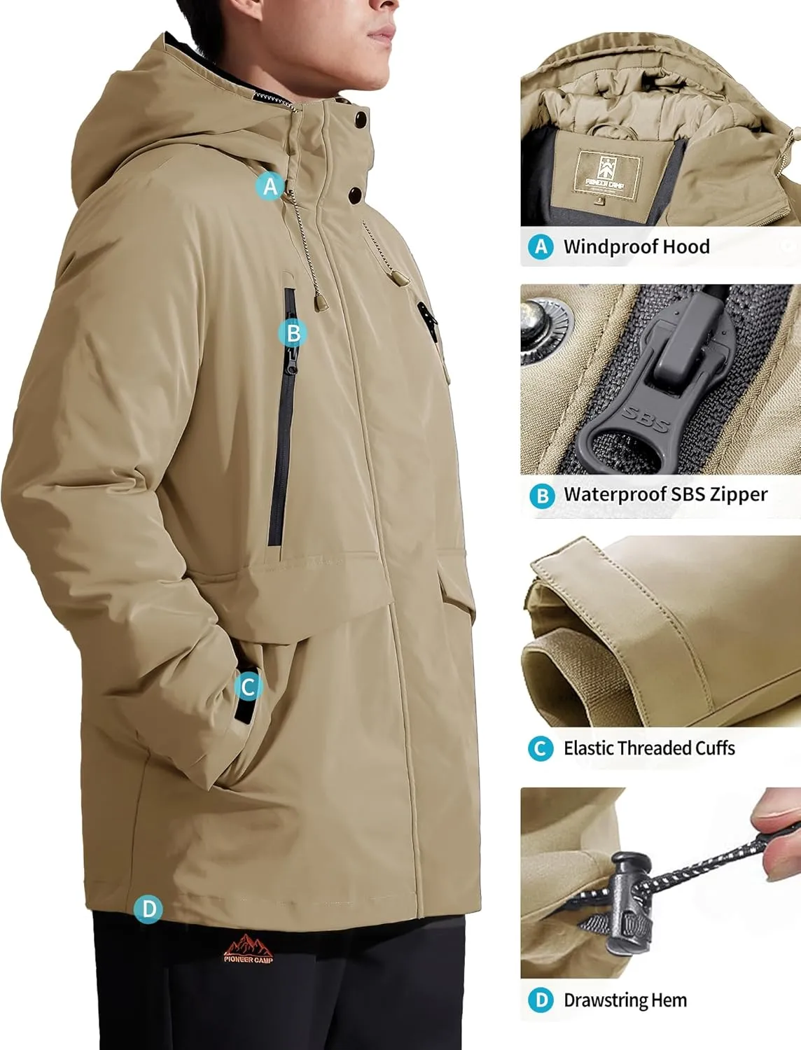Pioneer Camp Men's Winter Coat Waterproof Fleece Lined Warm Winter Jacket with 9 Pockets Insulated Windproof Hooded Parka