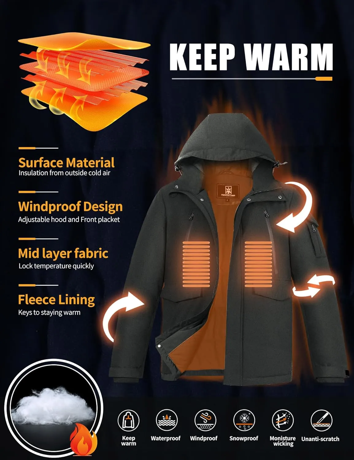 Pioneer Camp Men's Winter Coat Waterproof Fleece Lined Warm Winter Jacket with 9 Pockets Insulated Windproof Hooded Parka
