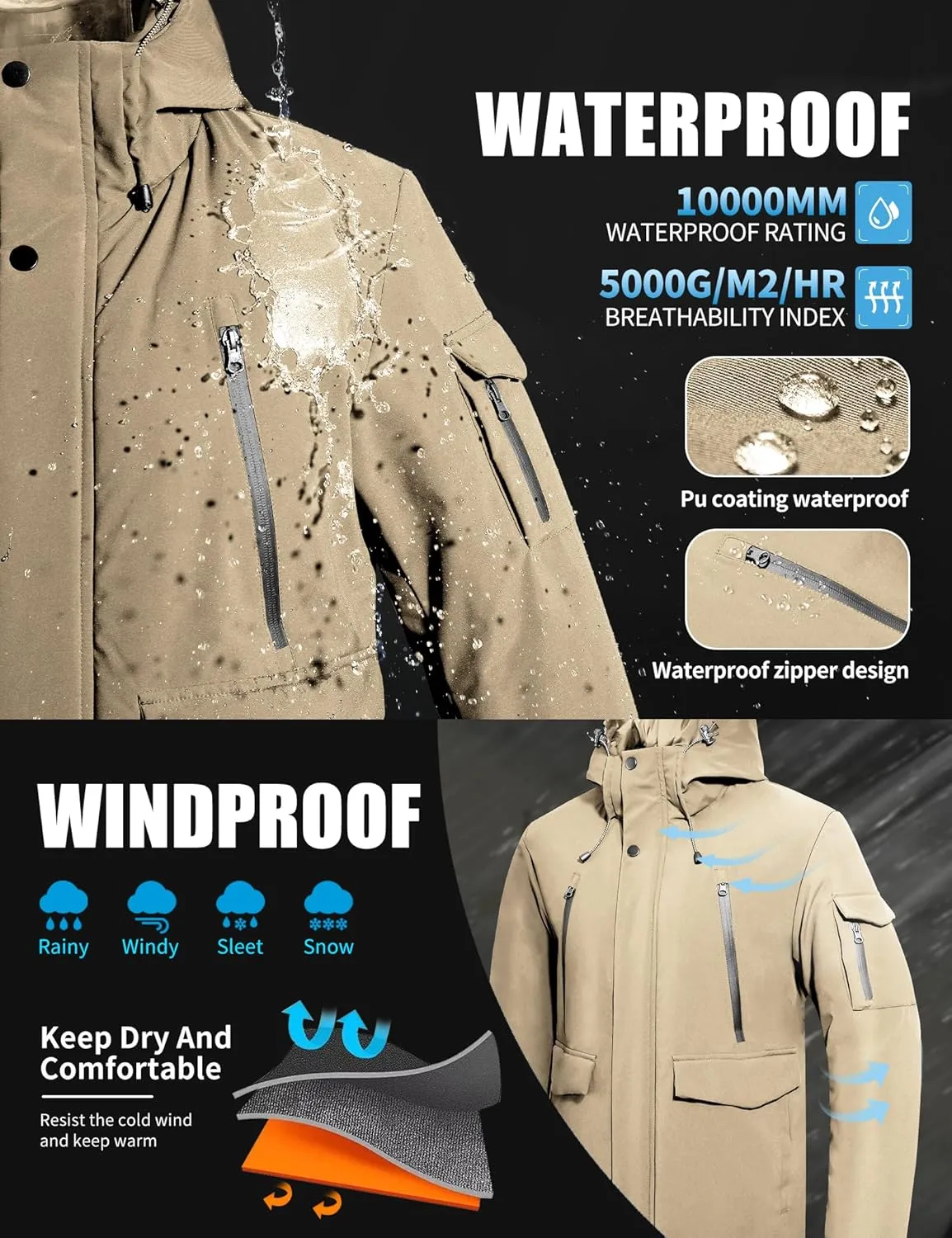 Pioneer Camp Men's Winter Coat Waterproof Fleece Lined Warm Winter Jacket with 9 Pockets Insulated Windproof Hooded Parka