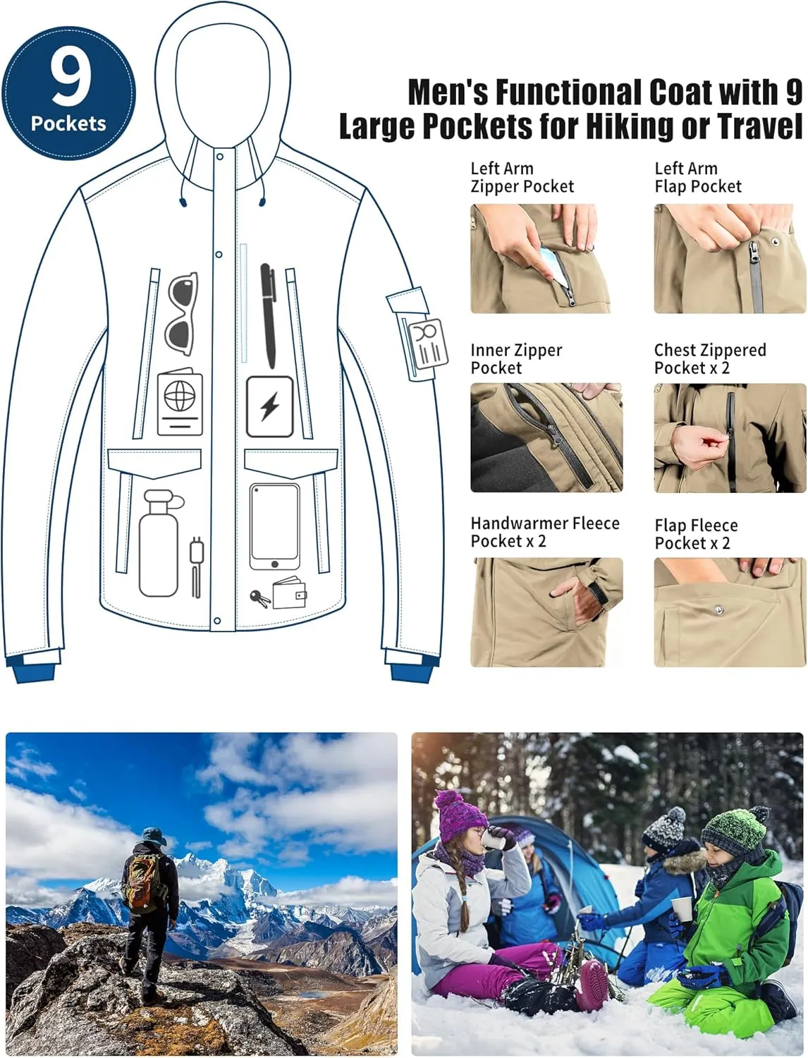 Pioneer Camp Men's Winter Coat Waterproof Fleece Lined Warm Winter Jacket with 9 Pockets Insulated Windproof Hooded Parka