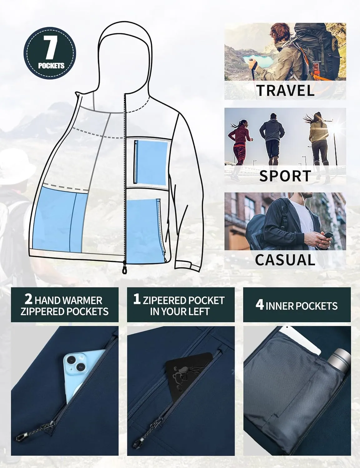 Pioneer Camp Softshell Jacket for Men Fleece Lined Hooded Waterproof Winter tactical windbreaker Jacket with 7 Pockets