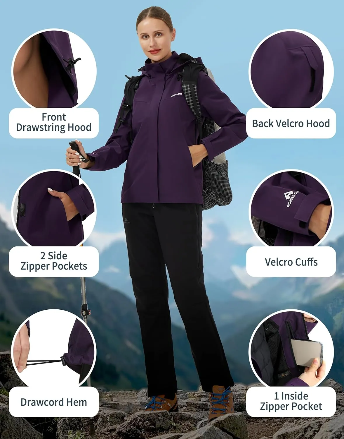 Pioneer Camp Women's Rain Jacket with Hood Waterproof Windbreaker Rain Coats Lightweight Raincoat for Outdoor Hiking Travel