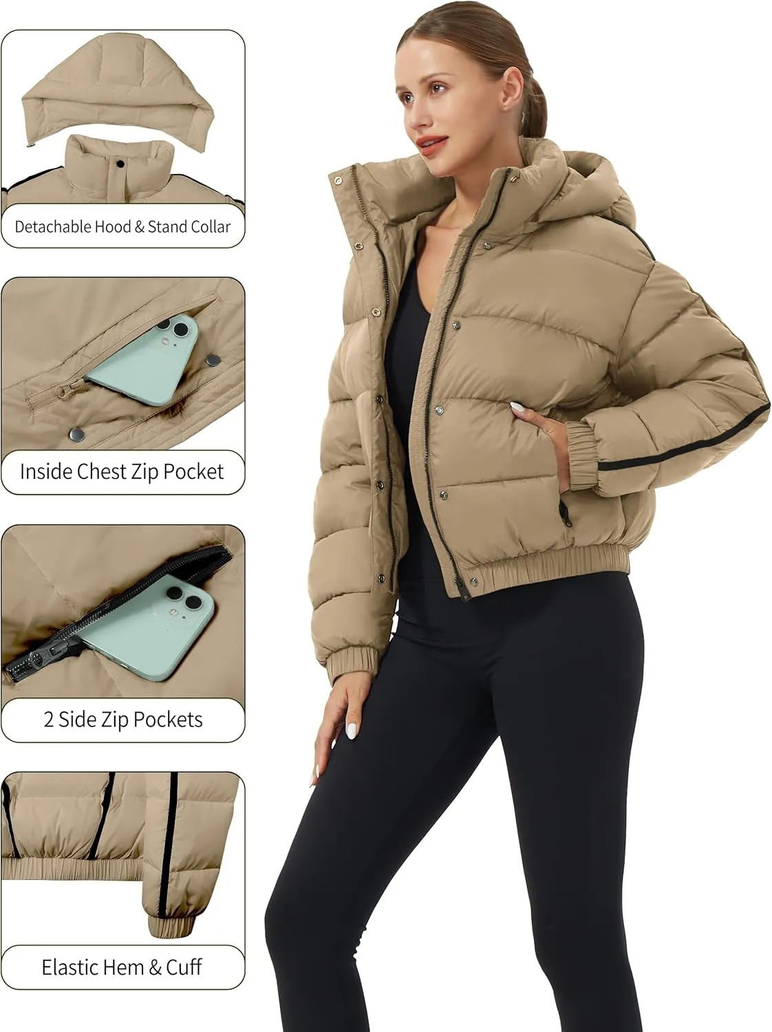 Pioneer Camp Women's Winter Cropped Puffer Jacket with Hood Waterproof Short Warm Quilted Jacket Puffy Bubble Coat Outerwear