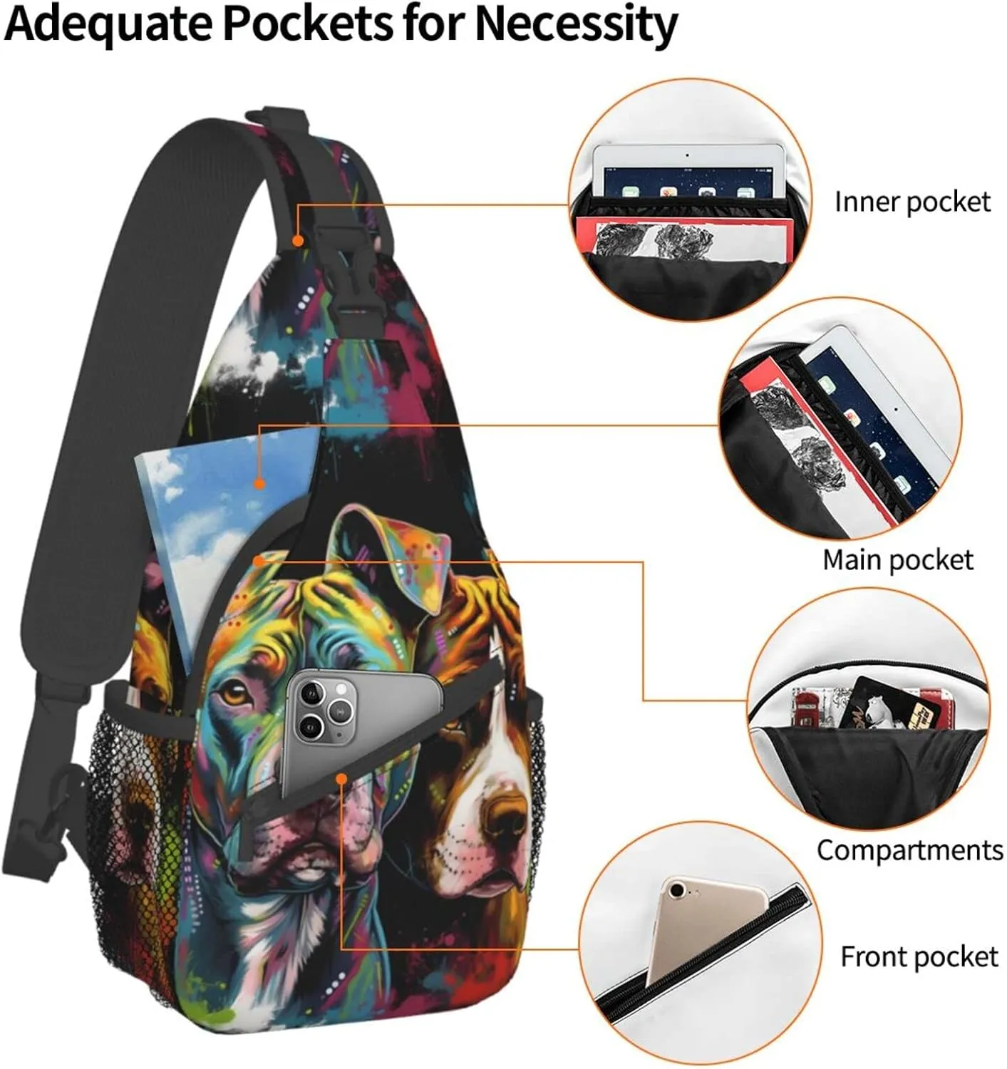 Pitbull Florescent Dog Hiking Daypacks Cross-body Sling Backpack for Men Women Outdoor Cycling Hiking Travel
