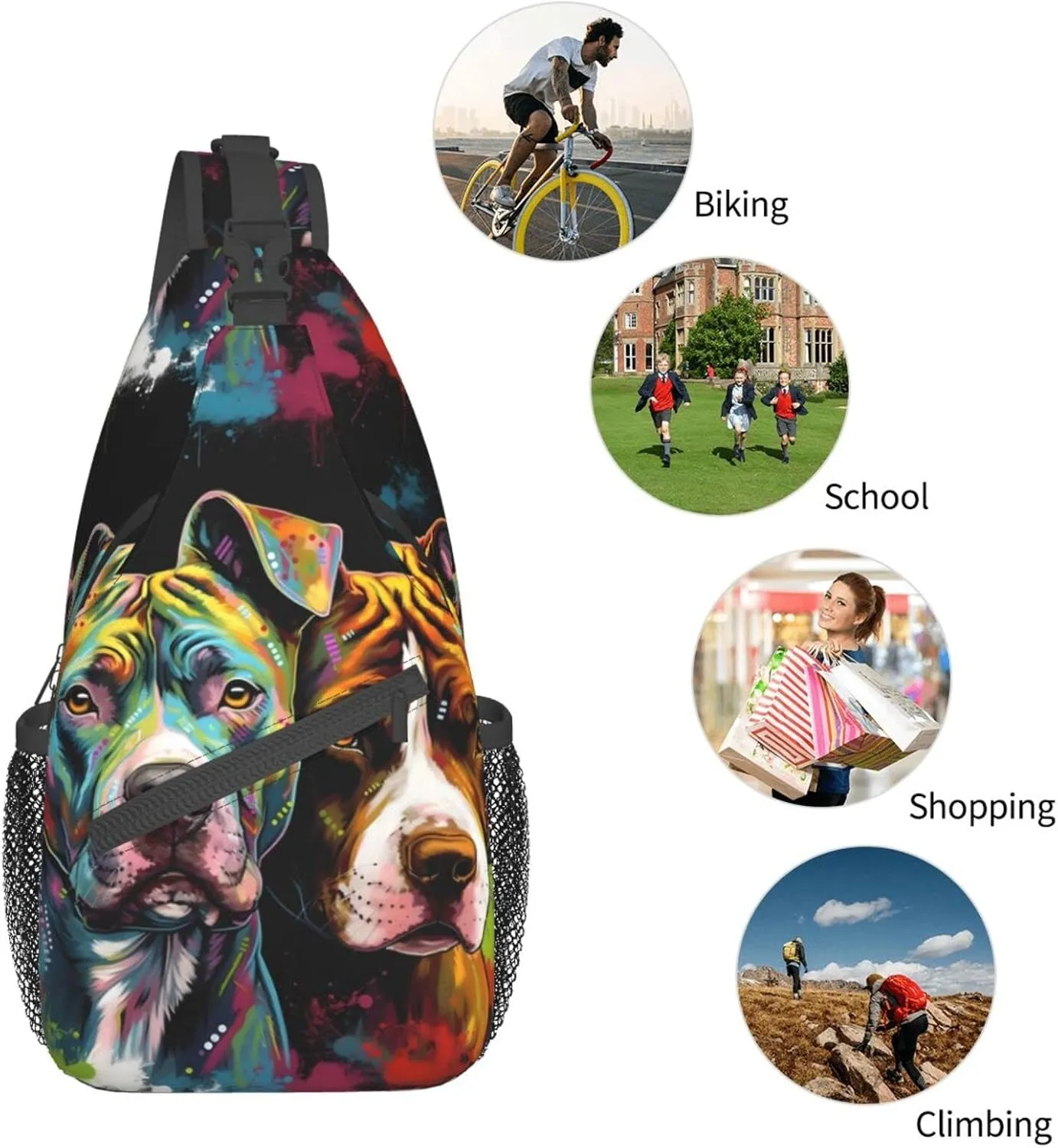 Pitbull Florescent Dog Hiking Daypacks Cross-body Sling Backpack for Men Women Outdoor Cycling Hiking Travel