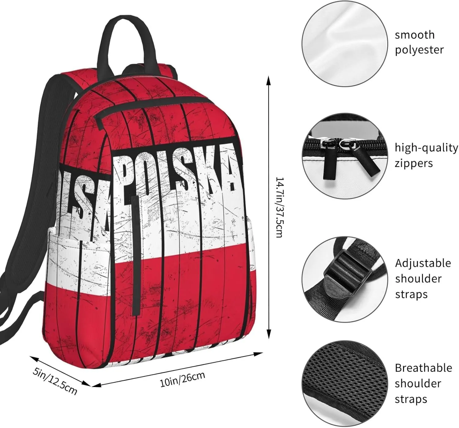 Polish Flag Poland Polska Flags Travel Backpacks Casual Laptop Backpack Sport Rucksack Large Capacity Daypack Multi-Pockets Adjustable Strap Bag for Working Hiking