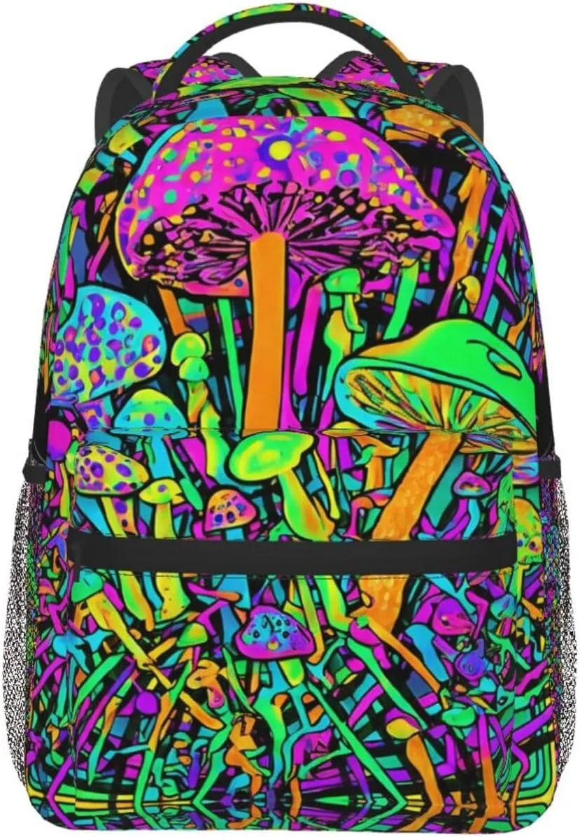 Polyester Daypack Bookbag for Gym Business Bicycle - Large Capacity Multipurpose Anti-Theft Carry On Bag, Trippy Mushroom Magica World Glowing Psychedelic Art Travel Hiking Daypack