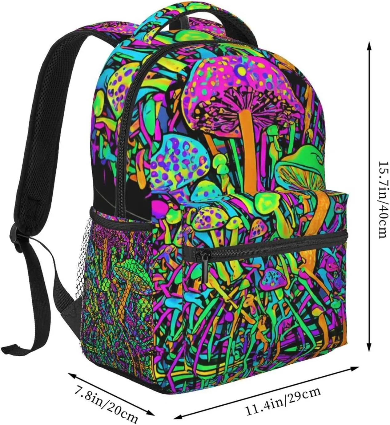 Polyester Daypack Bookbag for Gym Business Bicycle - Large Capacity Multipurpose Anti-Theft Carry On Bag, Trippy Mushroom Magica World Glowing Psychedelic Art Travel Hiking Daypack