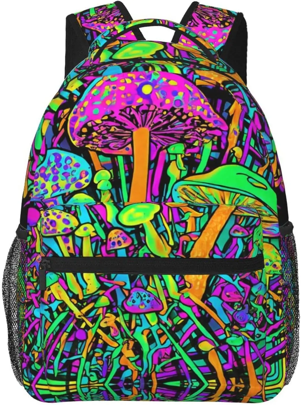Polyester Daypack Bookbag for Gym Business Bicycle - Large Capacity Multipurpose Anti-Theft Carry On Bag, Trippy Mushroom Magica World Glowing Psychedelic Art Travel Hiking Daypack