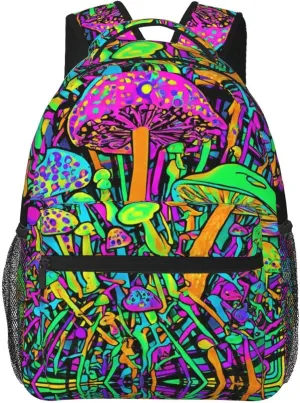 Polyester Daypack Bookbag for Gym Business Bicycle - Large Capacity Multipurpose Anti-Theft Carry On Bag, Trippy Mushroom Magica World Glowing Psychedelic Art Travel Hiking Daypack