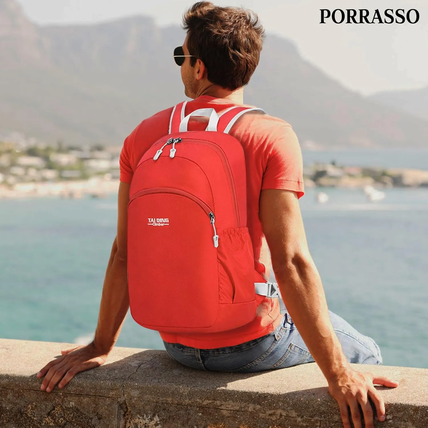 PORRASSO Hiking Backpack Waterproof Daypack Lightweight Foldable Rucksack 19L Backpack for Women Men Camping Trekking Cycling Climbing Outdoor Sports Red