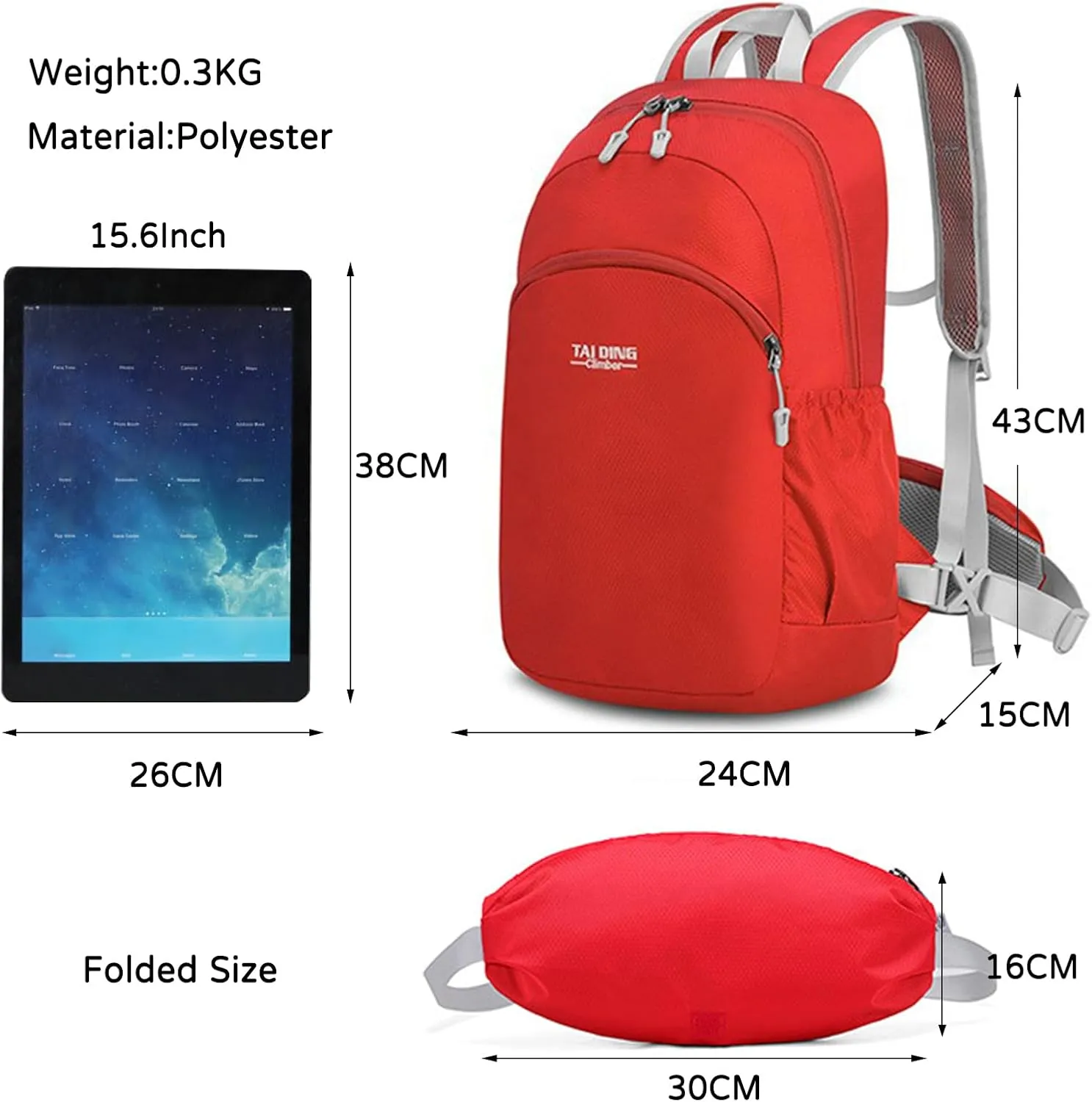 PORRASSO Hiking Backpack Waterproof Daypack Lightweight Foldable Rucksack 19L Backpack for Women Men Camping Trekking Cycling Climbing Outdoor Sports Red