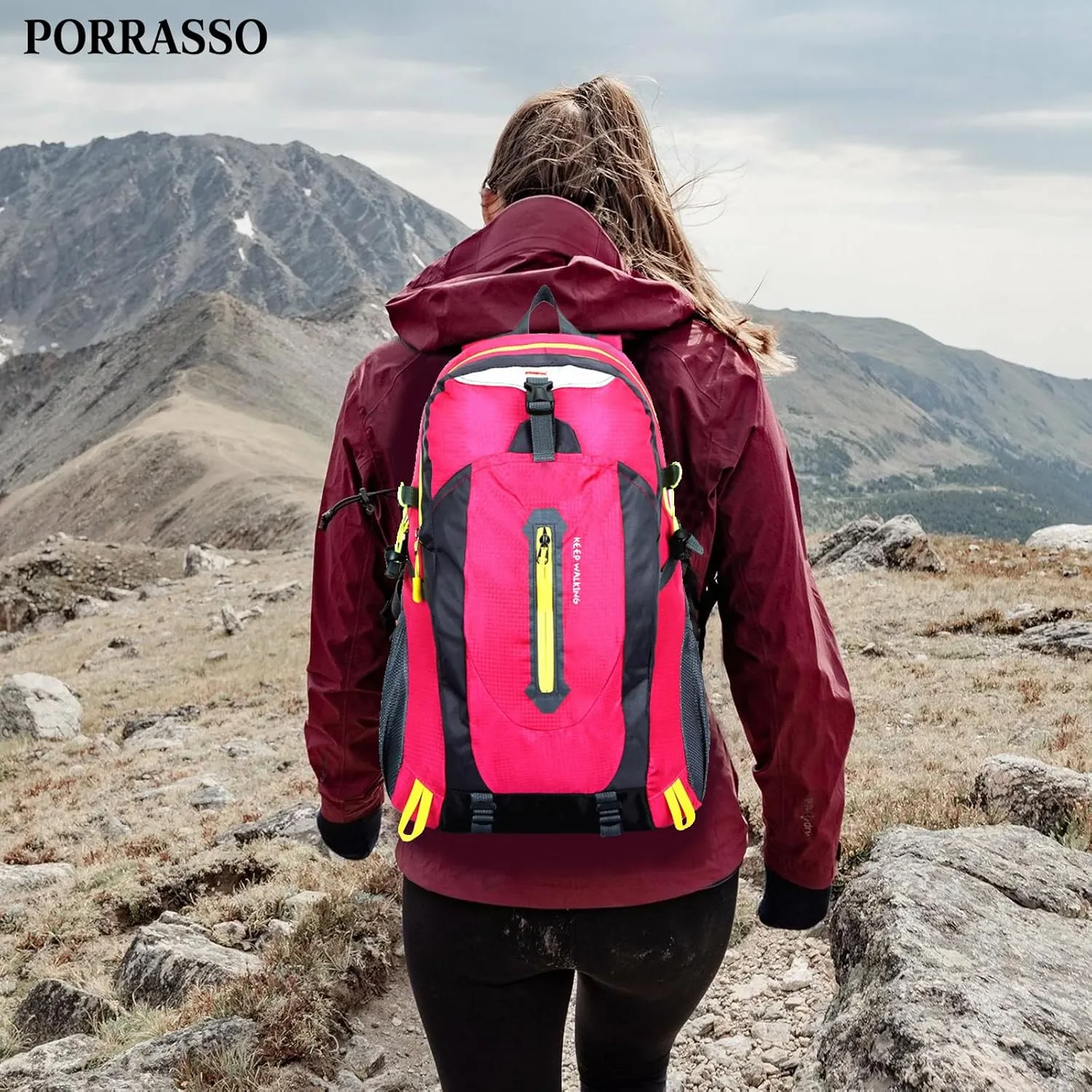 PORRASSO Hiking Backpack Waterproof Rucksack 25L Daypack Durable Backpack for Women Men Camping Climbing Travel Outdoor Sports Rose Red