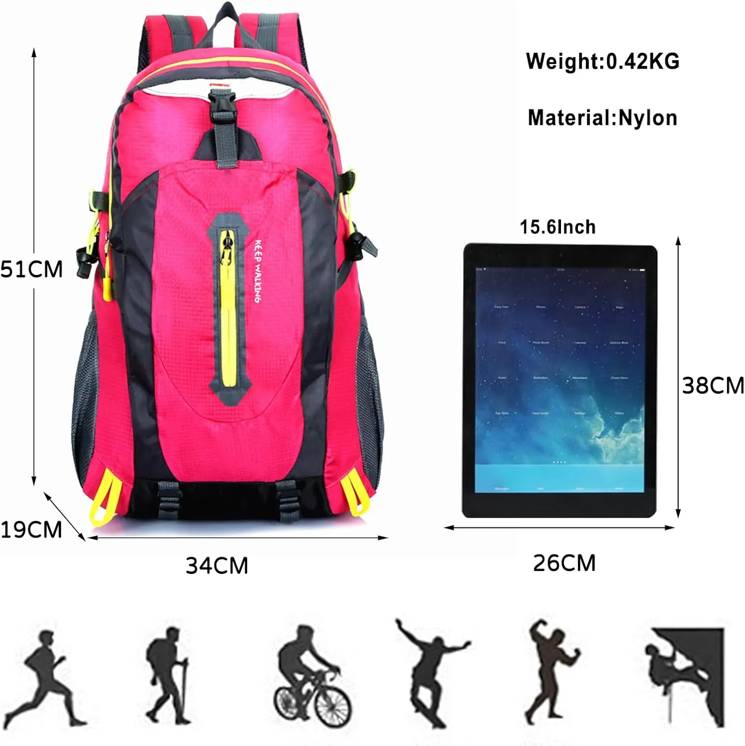 PORRASSO Hiking Backpack Waterproof Rucksack 25L Daypack Durable Backpack for Women Men Camping Climbing Travel Outdoor Sports Rose Red