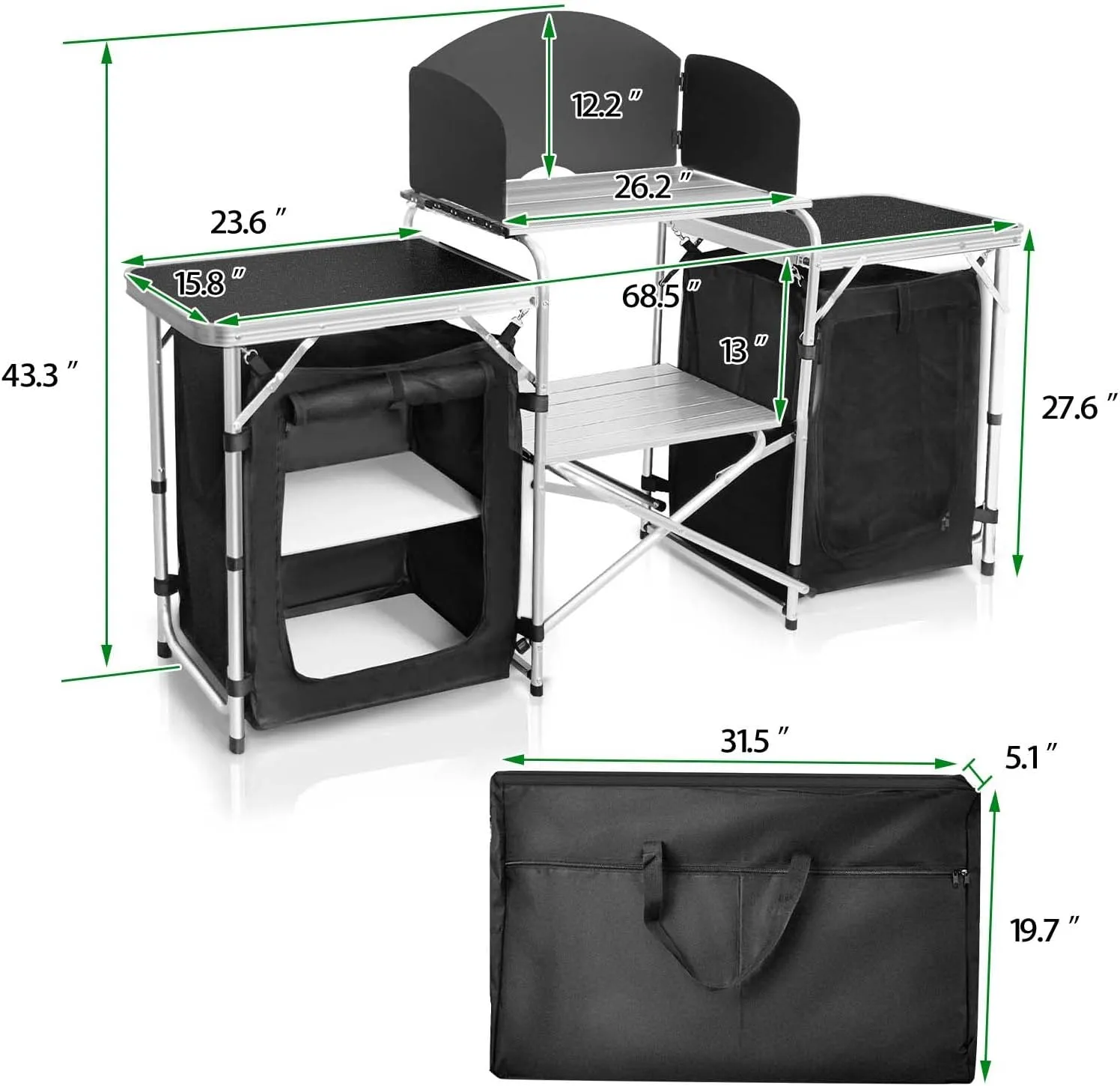 Portable Aluminum Camping Kitchen Table with 2 Storage Cupboards & Bags, Camping Cook Station Ideal for Beach RV Traveling Camp Kitchen (Black)