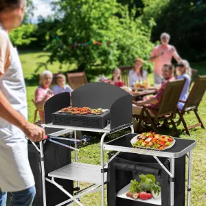 Portable Aluminum Camping Kitchen Table with 2 Storage Cupboards & Bags, Camping Cook Station Ideal for Beach RV Traveling Camp Kitchen (Black)