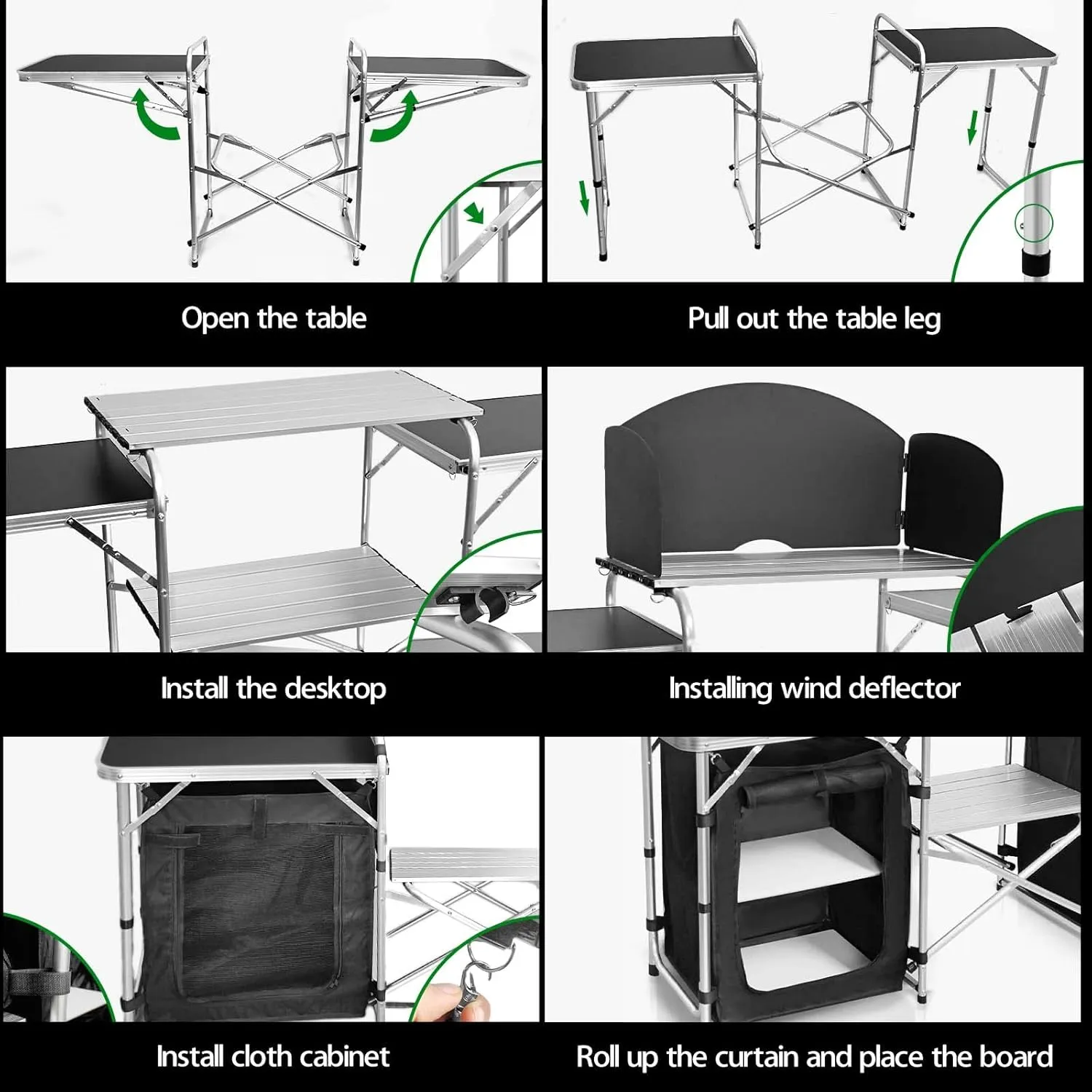 Portable Aluminum Camping Kitchen Table with 2 Storage Cupboards & Bags, Camping Cook Station Ideal for Beach RV Traveling Camp Kitchen (Black)