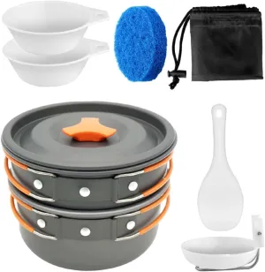 Portable Camping Cookware Travel Cooking Kit with Durable Anodized Pot Insulated Handles for People for