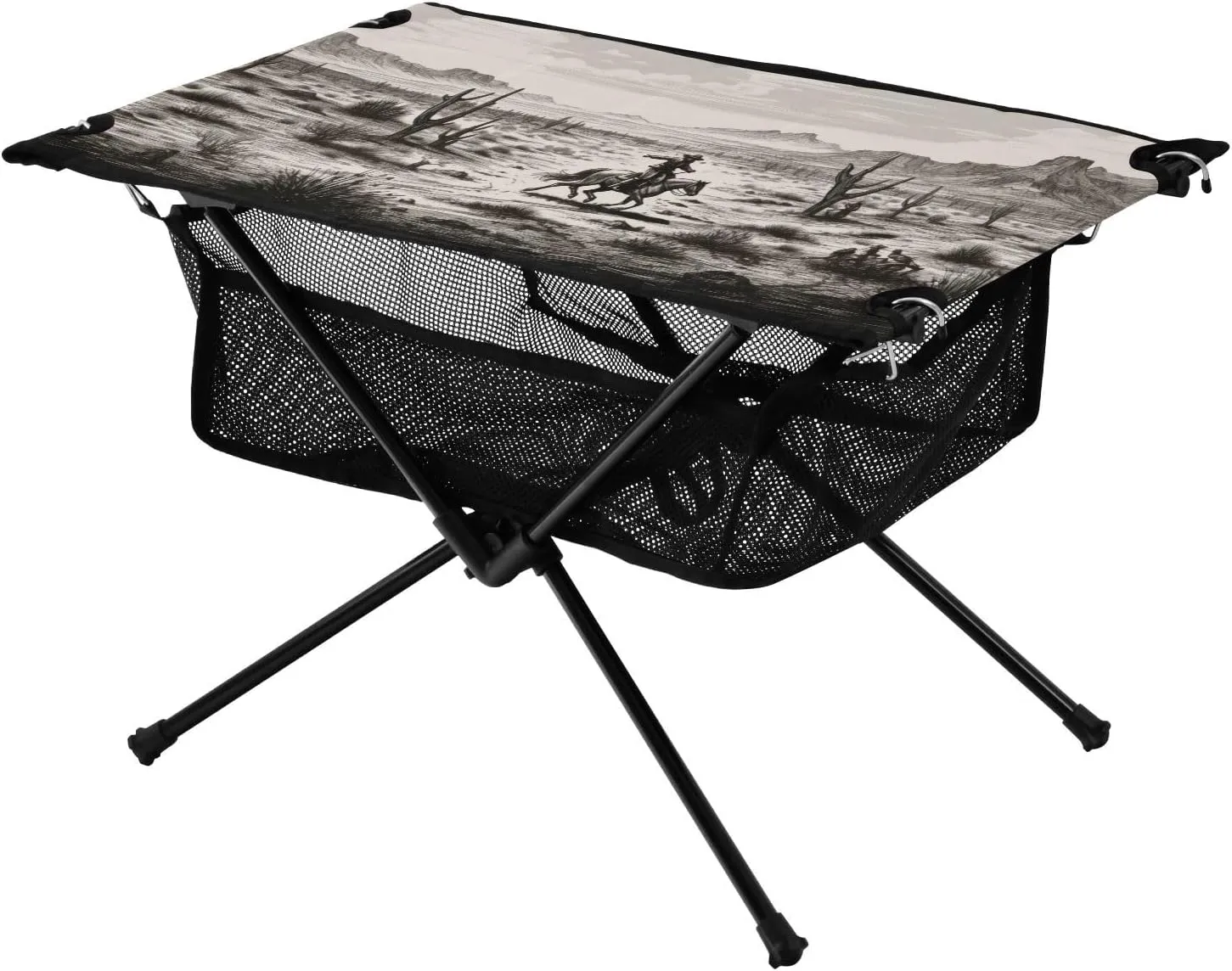 Portable Camping Table Foldable with Mesh Storage Lightweight Compact Camp Tent Side Table for Outside,Camping,Hiking,Tailgating,Western Desert Cowboy