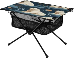 Portable Camping Table Foldable with Mesh Storage Lightweight Compact Camp Tent Side Table for Outside,Camping,Hiking,Tailgating,White Bear
