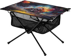 Portable Camping Table Watercolor Train Vehicle Outdoor Foldable Camp Tables for Outside, Camping, Hiking, Tailgating