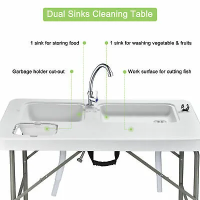 Portable Dual Sink Fish Fillet Table Folding Cleaning Cutting Faucet Camp Garden