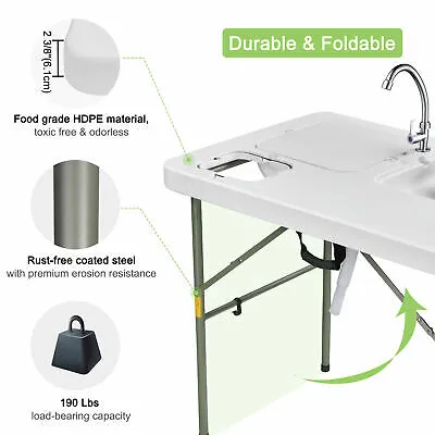 Portable Dual Sink Fish Fillet Table Folding Cleaning Cutting Faucet Camp Garden