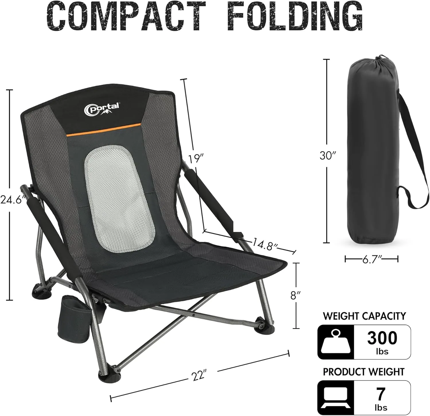 PORTAL Beach Chairs for Adults Camping Low Lightweight Portable Chair with Cup Holder Mesh Back Carry Bag for Outdoor Sand Lawn Travel Picnic Festival Concert, 350LBS