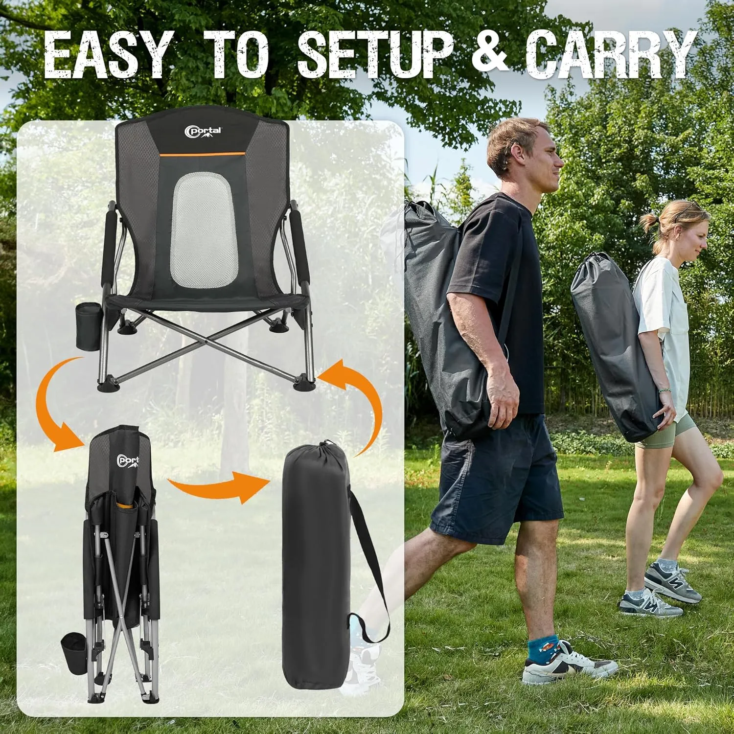 PORTAL Beach Chairs for Adults Camping Low Lightweight Portable Chair with Cup Holder Mesh Back Carry Bag for Outdoor Sand Lawn Travel Picnic Festival Concert, 350LBS