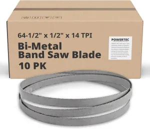 POWERTEC 64-1/2 Inch Bi-Metal Bandsaw Blades, 1/2" x 14 TPI Non-Ferrous Metal Cutting Band Saw Blades for Wen 3970 & BA4664, Delta 20-330, Grizzly, Jet and Shop Fox Band Saw, 10pk (13330-P10)