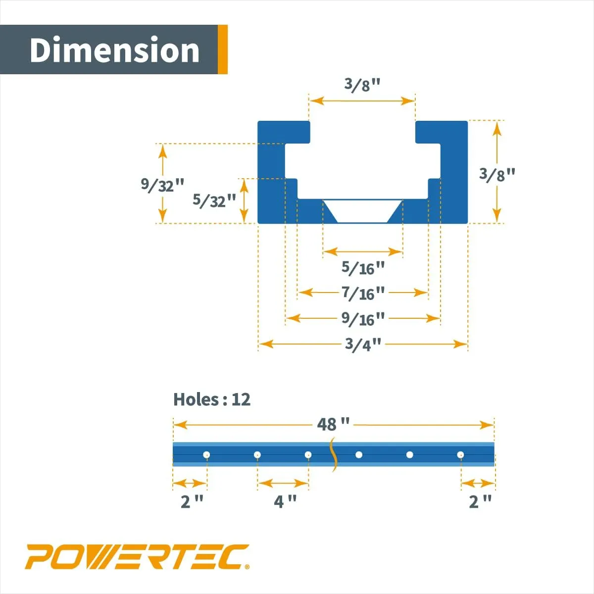 POWERTEC 71373 48 Inch Double-Cut Profile Universal T-Track with Predrilled Mounting Holes, T Track for Woodworking Jigs and Fixtures, Drill Press Table, Router Table, Workbench, 4 Count, Pack of 1