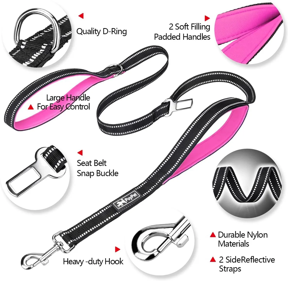 PoyPet 5 Feet Heavy Duty Dog Leash - Car Seat Belt - 2 Handles -Padded Traffic Grip for Extra Control(Pink)