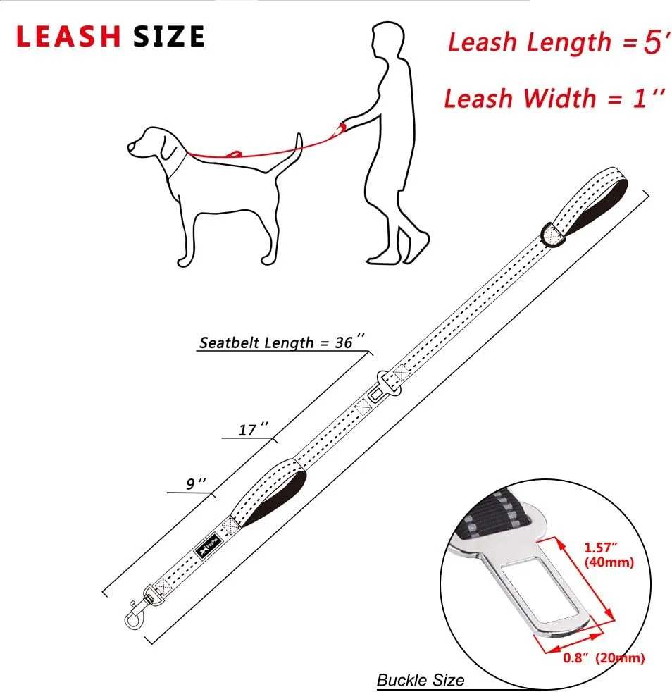 PoyPet 5 Feet Heavy Duty Dog Leash - Car Seat Belt - 2 Handles -Padded Traffic Grip for Extra Control(Pink)