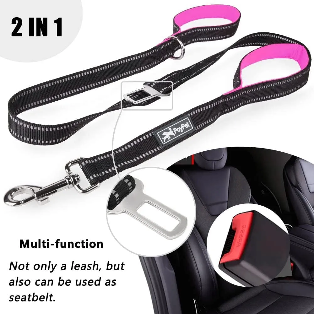 PoyPet 5 Feet Heavy Duty Dog Leash - Car Seat Belt - 2 Handles -Padded Traffic Grip for Extra Control(Pink)