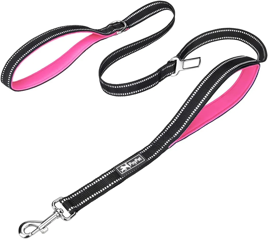 PoyPet 5 Feet Heavy Duty Dog Leash - Car Seat Belt - 2 Handles -Padded Traffic Grip for Extra Control(Pink)