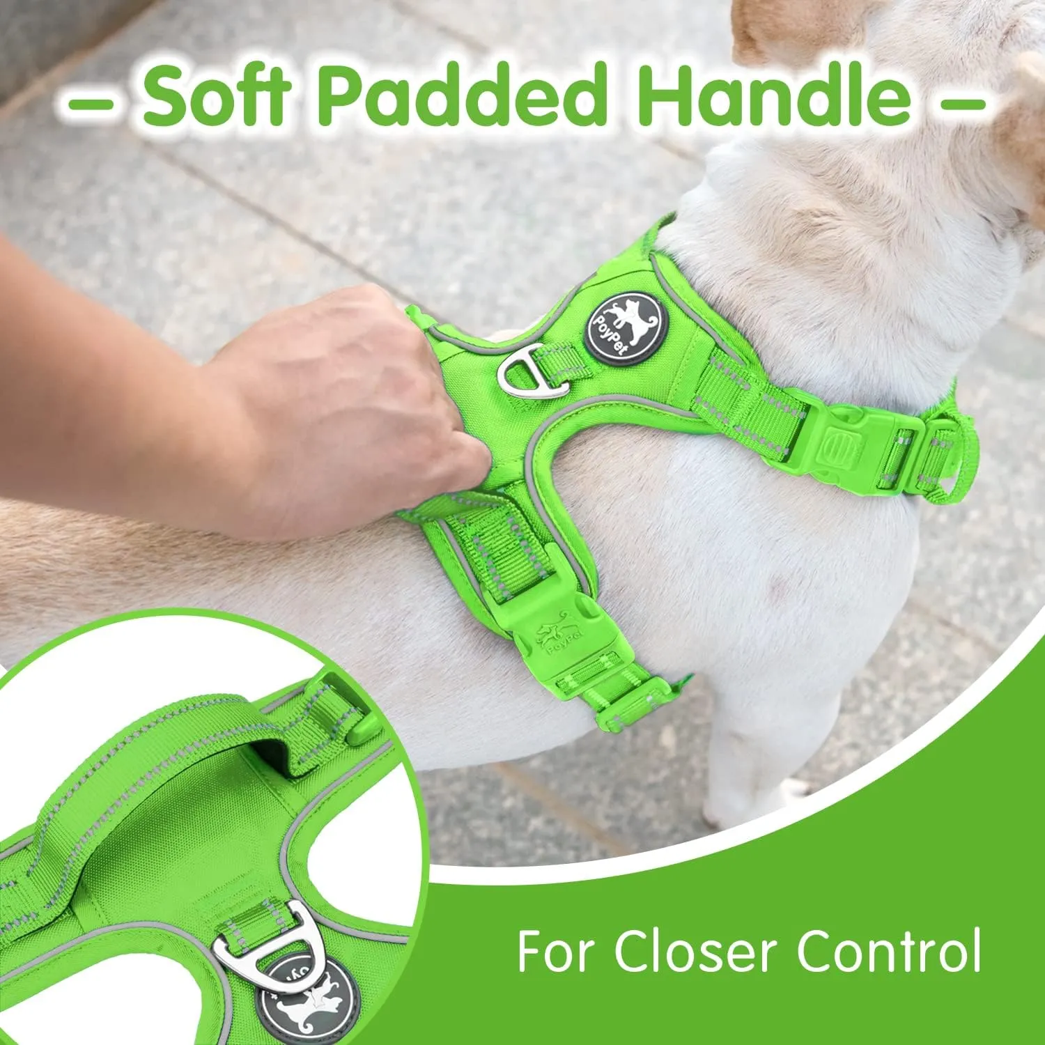 PoyPet No Pull Dog Harness and 5 Feet Leash Set, Release on Neck Reflective Adjustable Pet Vest, Front & Back 2 D-Ring and Soft Padded Pet Harness with Handle for Small to Large Dogs(Green,XL)