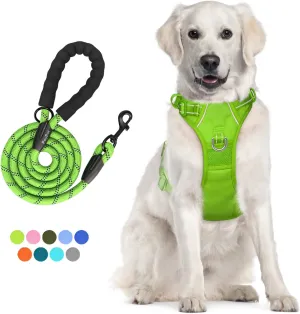 PoyPet No Pull Dog Harness and 5 Feet Leash Set, Release on Neck Reflective Adjustable Pet Vest, Front & Back 2 D-Ring and Soft Padded Pet Harness with Handle for Small to Large Dogs(Green,XL)