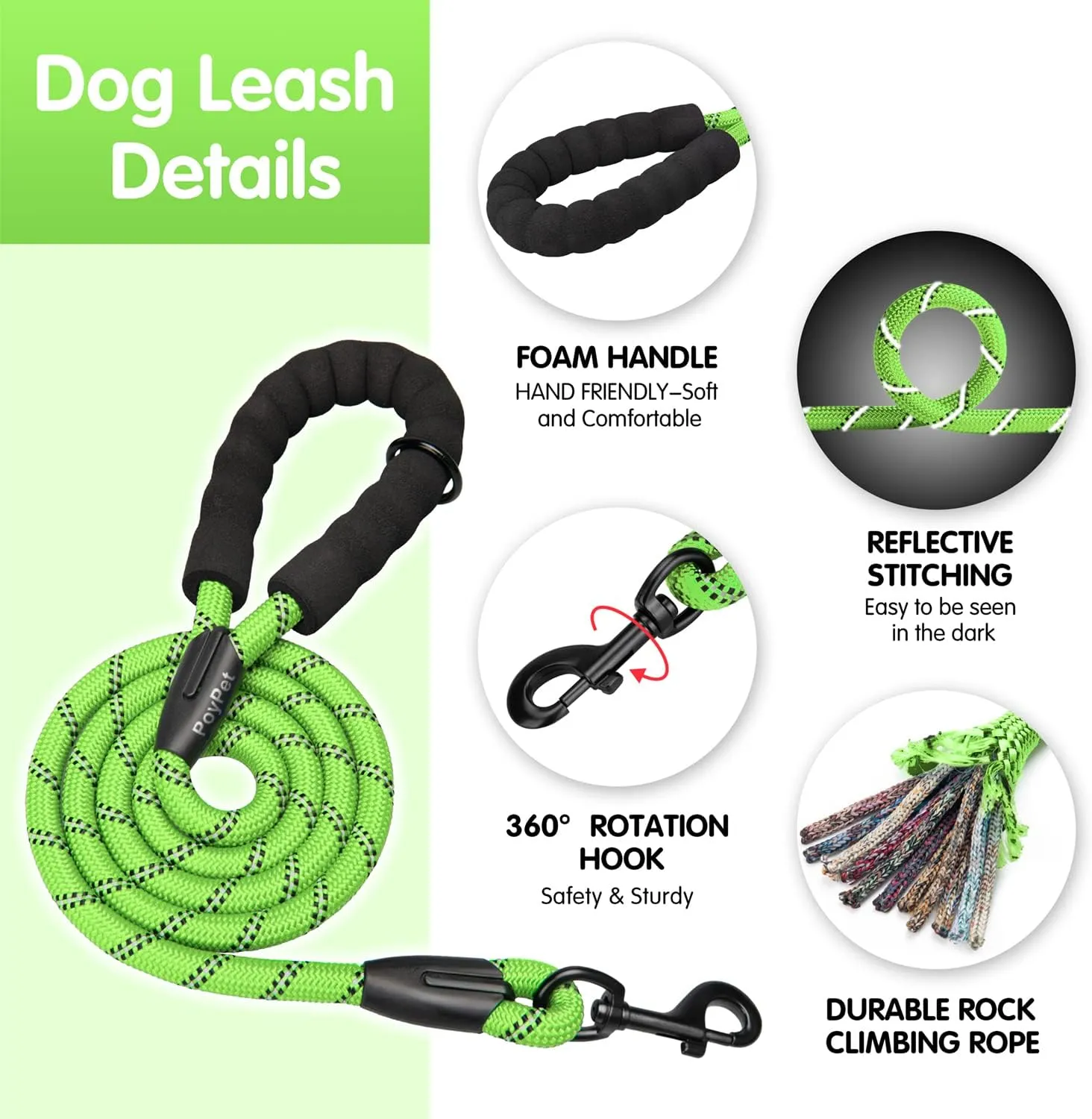 PoyPet No Pull Dog Harness and 5 Feet Leash Set, Release on Neck Reflective Adjustable Pet Vest, Front & Back 2 D-Ring and Soft Padded Pet Harness with Handle for Small to Large Dogs(Green,XL)